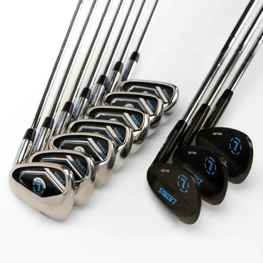 Lazrus golf iron and wedge club set with chrome irons and black milled wedges on white background