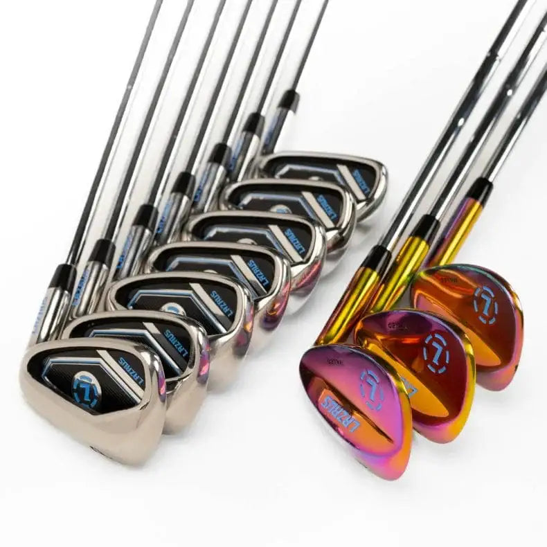 Lazrus golf club set with polished irons and vibrant rainbow-colored wedges on white background