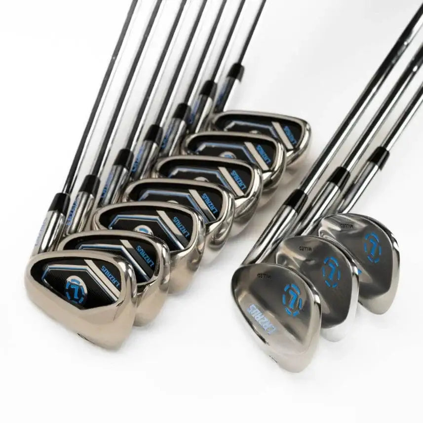 Lazrus golf wedge and irons set with chrome shafts, black and blue club heads on white
