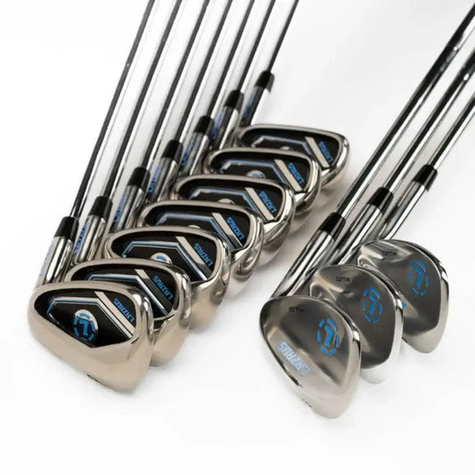 Lazrus golf wedge and irons set with chrome shafts, black and blue club heads on white