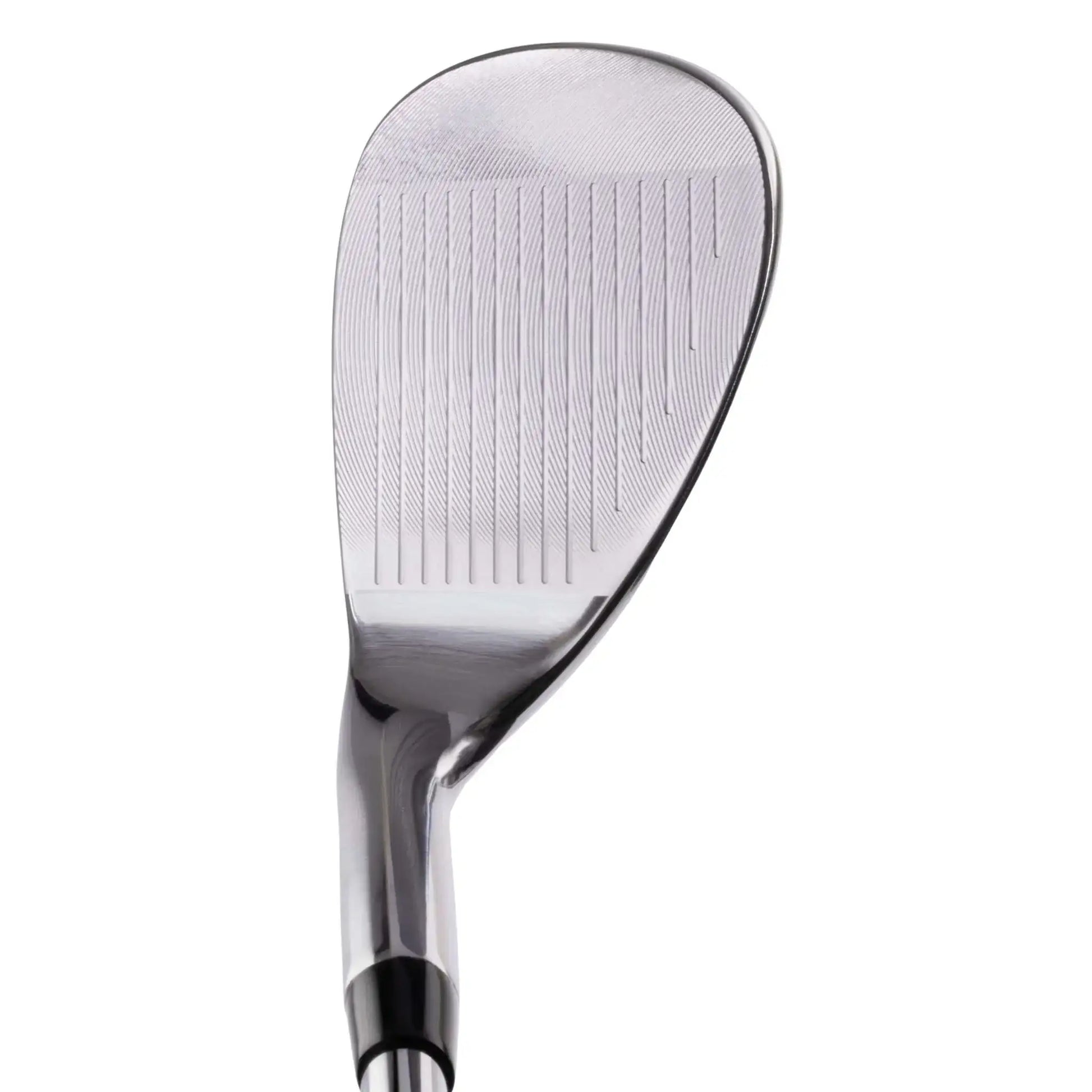 Close-up of a shiny silver golf wedge club head with grooved face and black shaft collar