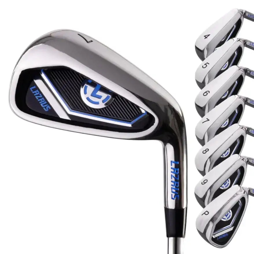 Lazrus golf wedge and iron set with chrome finish and blue accents, numbered 4 to P