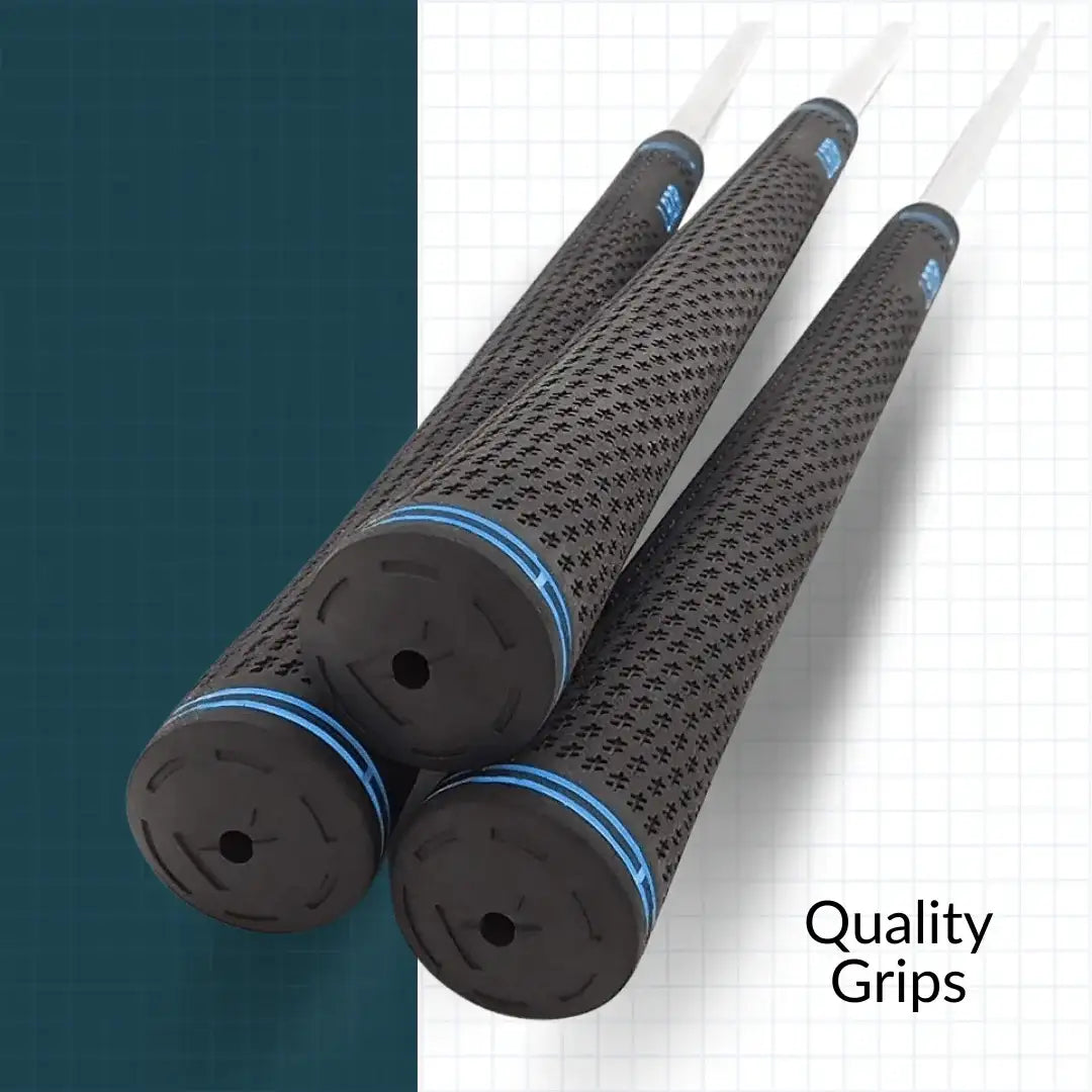 Close-up of three black golf club grips with blue accents on a white and dark grid background