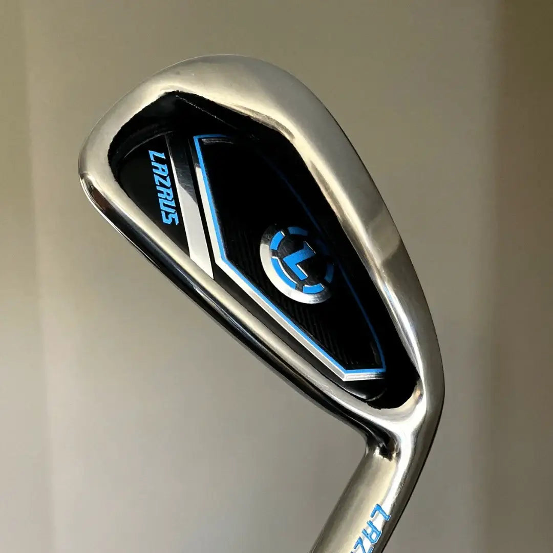 Close-up of Lazrus golf iron club head with black, blue, and silver design on neutral background