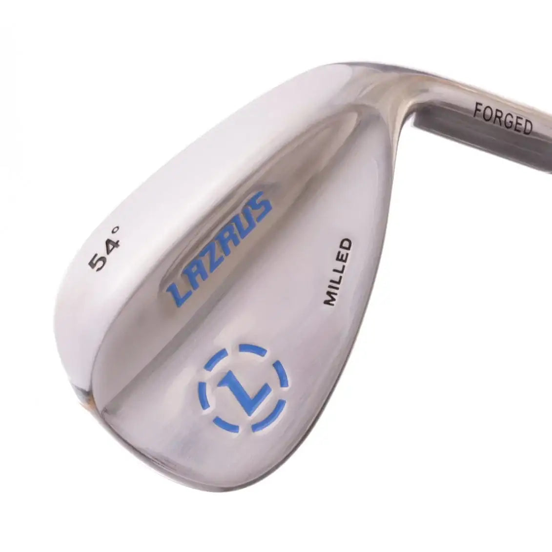Close-up of Lazrus 54° milled forged golf wedge club head with blue logo on white background