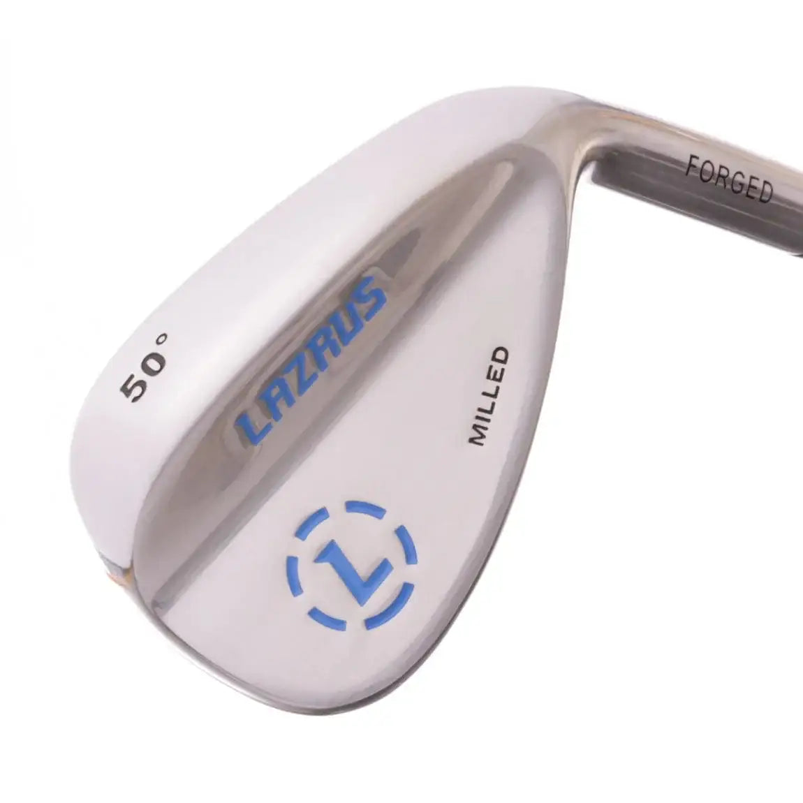 Close-up of forged Lazrus 50° milled golf wedge with blue logo on white background
