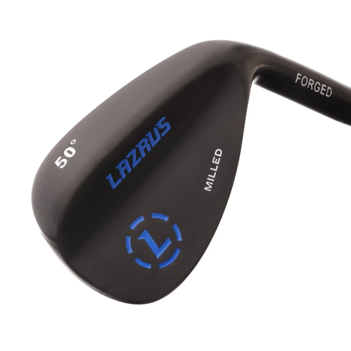 Black Lazrus forged 50° golf wedge with milled face and blue logo detail