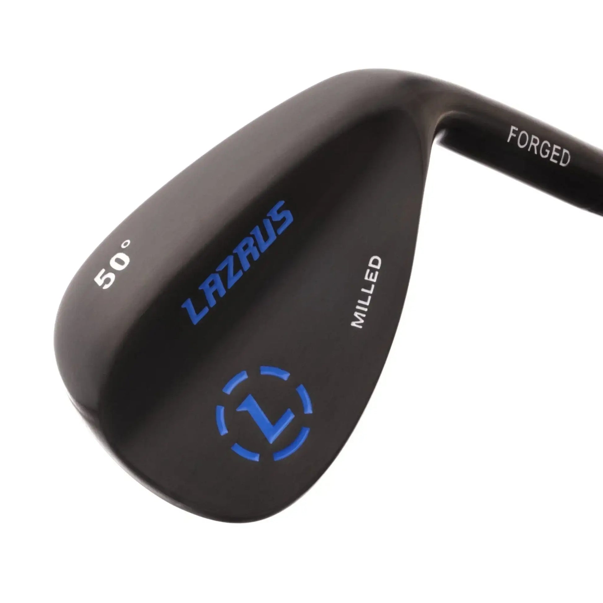 Black Lazrus forged 50° golf wedge with milled face and blue logo detail