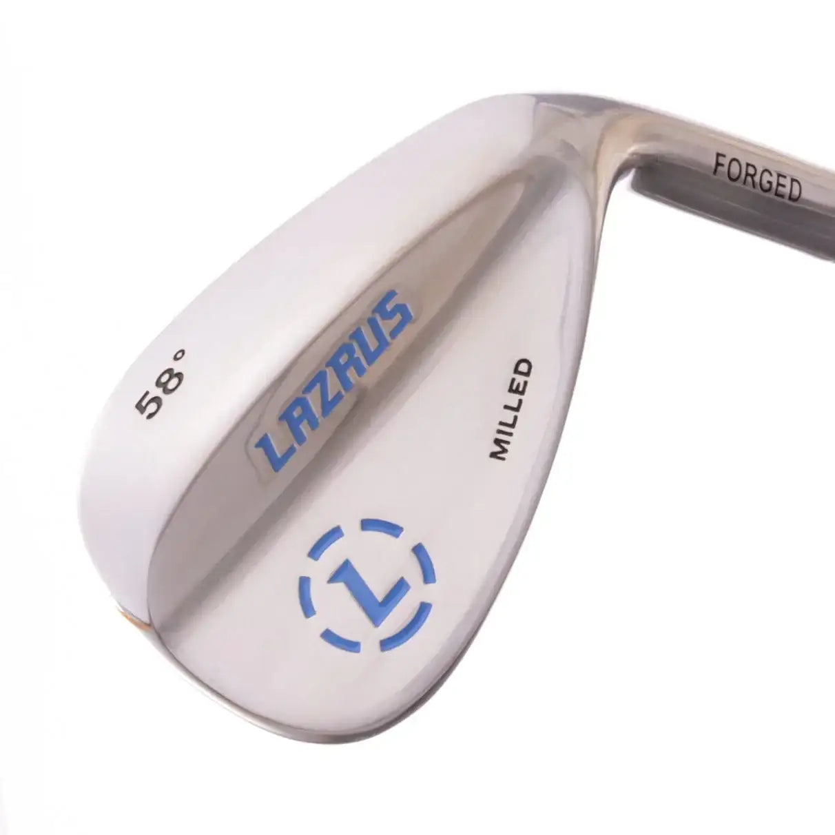 Close-up of Lazrus Forged 58-degree milled golf wedge with blue logo on white background