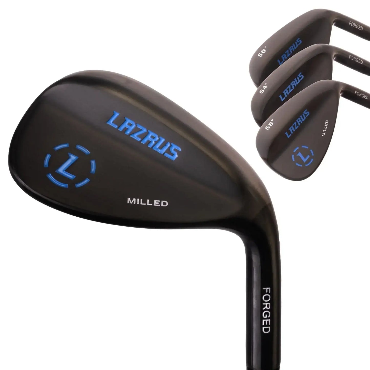 Set of black forged Lazrus golf wedges with blue logo and milled finish, lofts 50°, 54°, 58°