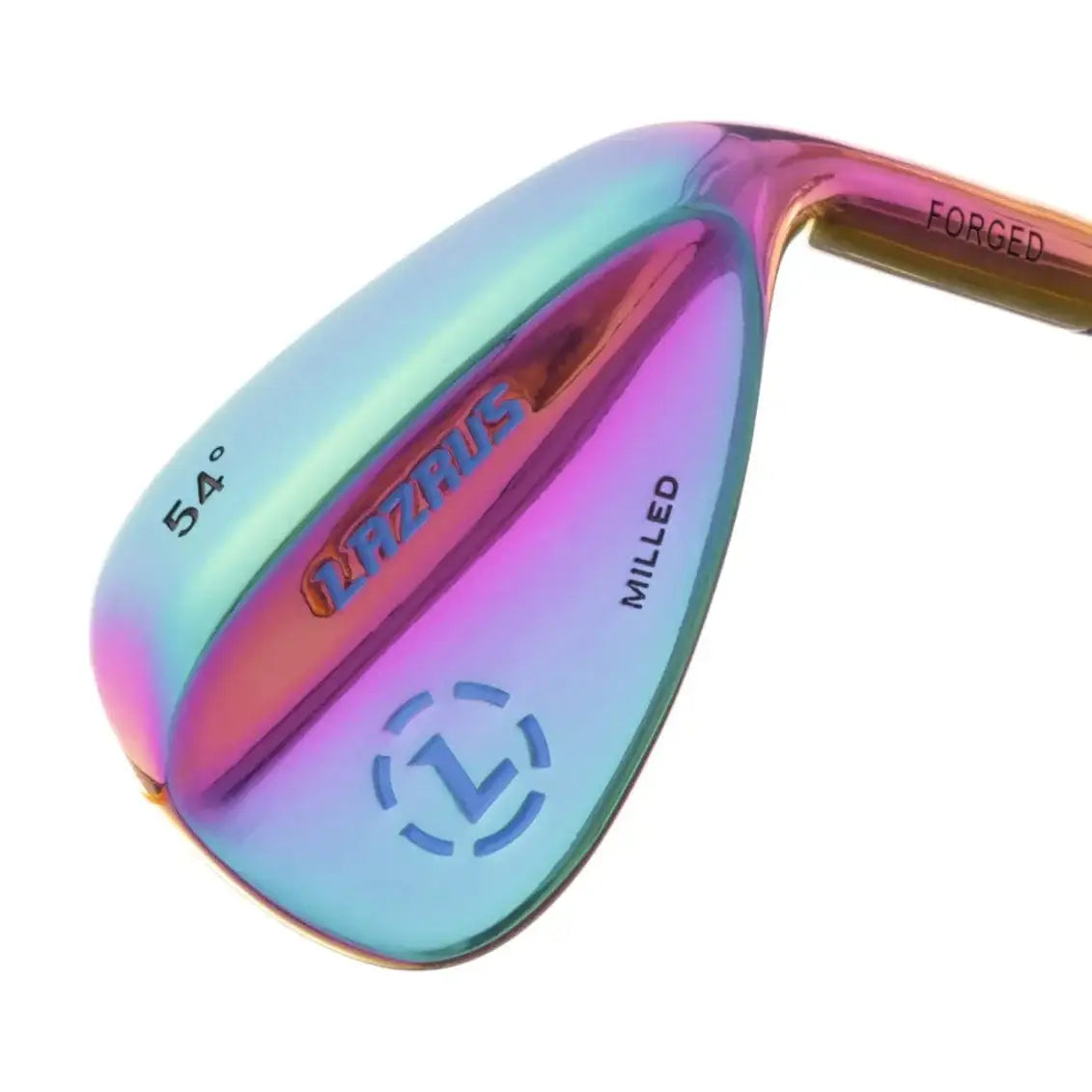 Colorful Lazrus forged 54° milled golf wedge with iridescent finish