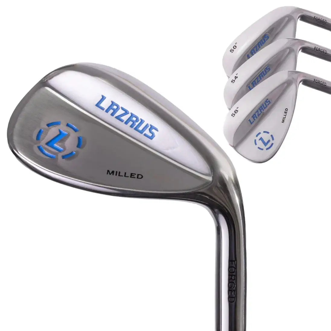 Set of forged Lazrus milled golf wedges with 50°, 54°, and 58° lofts in polished steel finish
