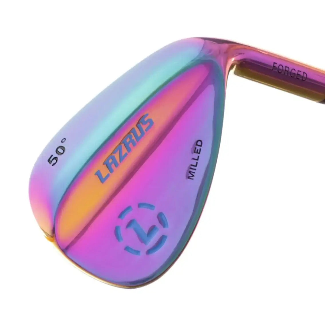 Iridescent Lazrus forged 50-degree milled golf wedge in close-up on white background