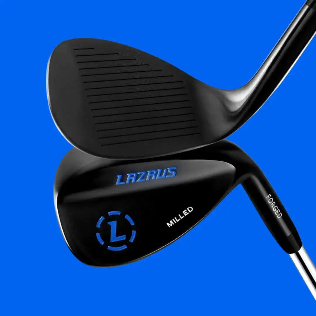 Close-up of black forged Lazrus milled golf wedge with blue logo on blue background
