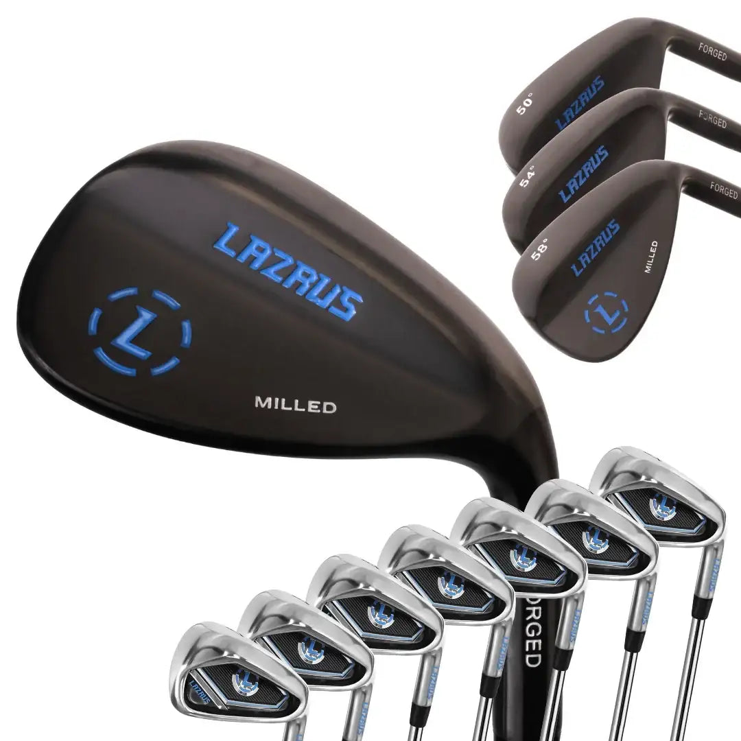 Lazrus forged black milled golf wedges set with 50°, 54°, and 58° lofts and Lazrus irons