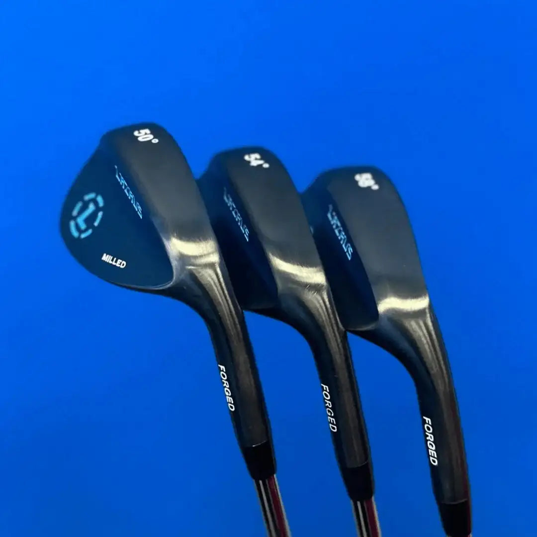 Black forged Lazrus golf wedges set with 50°, 54°, and 58° lofts on blue background