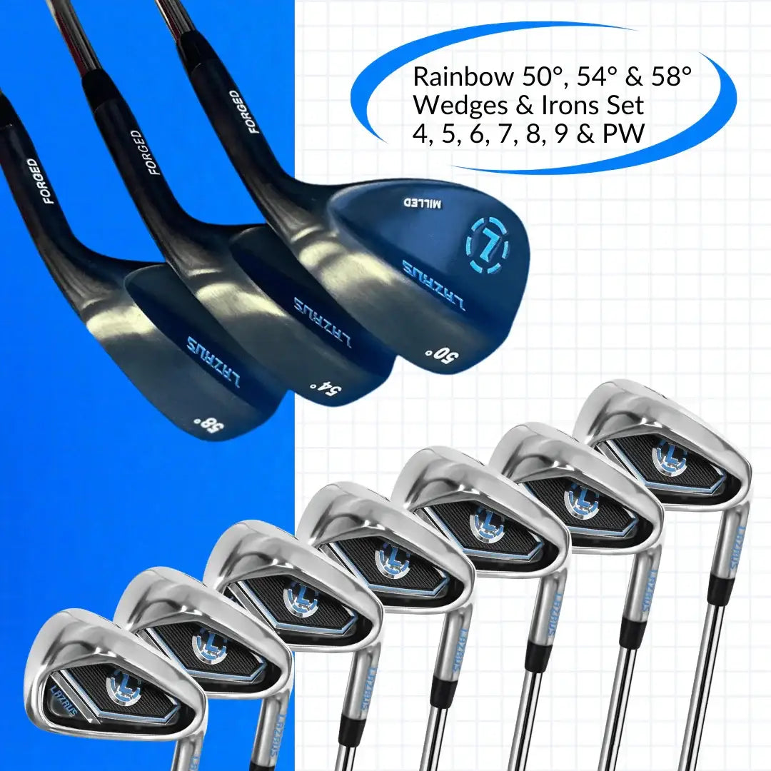 Set of Lazrus golf wedges 50°, 54°, 58° and irons 4 to PW with forged design