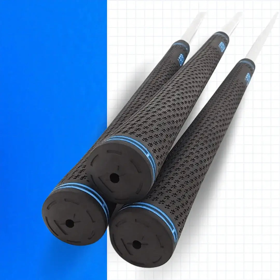 Three black golf club grips with blue accents laid side by side on a blue and white grid background