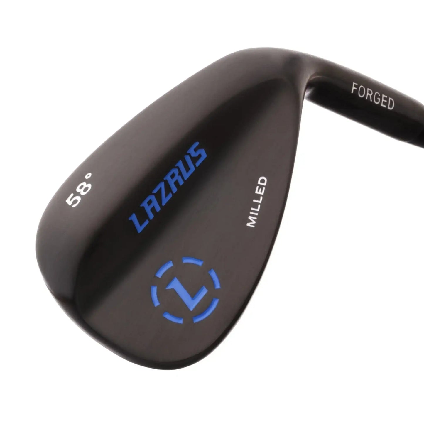 Lazrus forged 58-degree milled golf wedge with black finish and blue logo