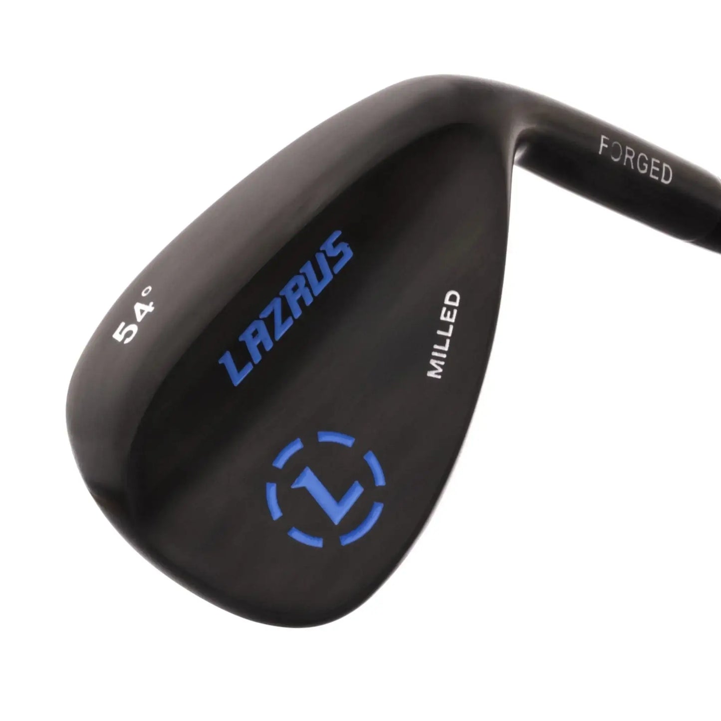 Black Lazrus 54° forged milled golf wedge with blue logo and right-hand design