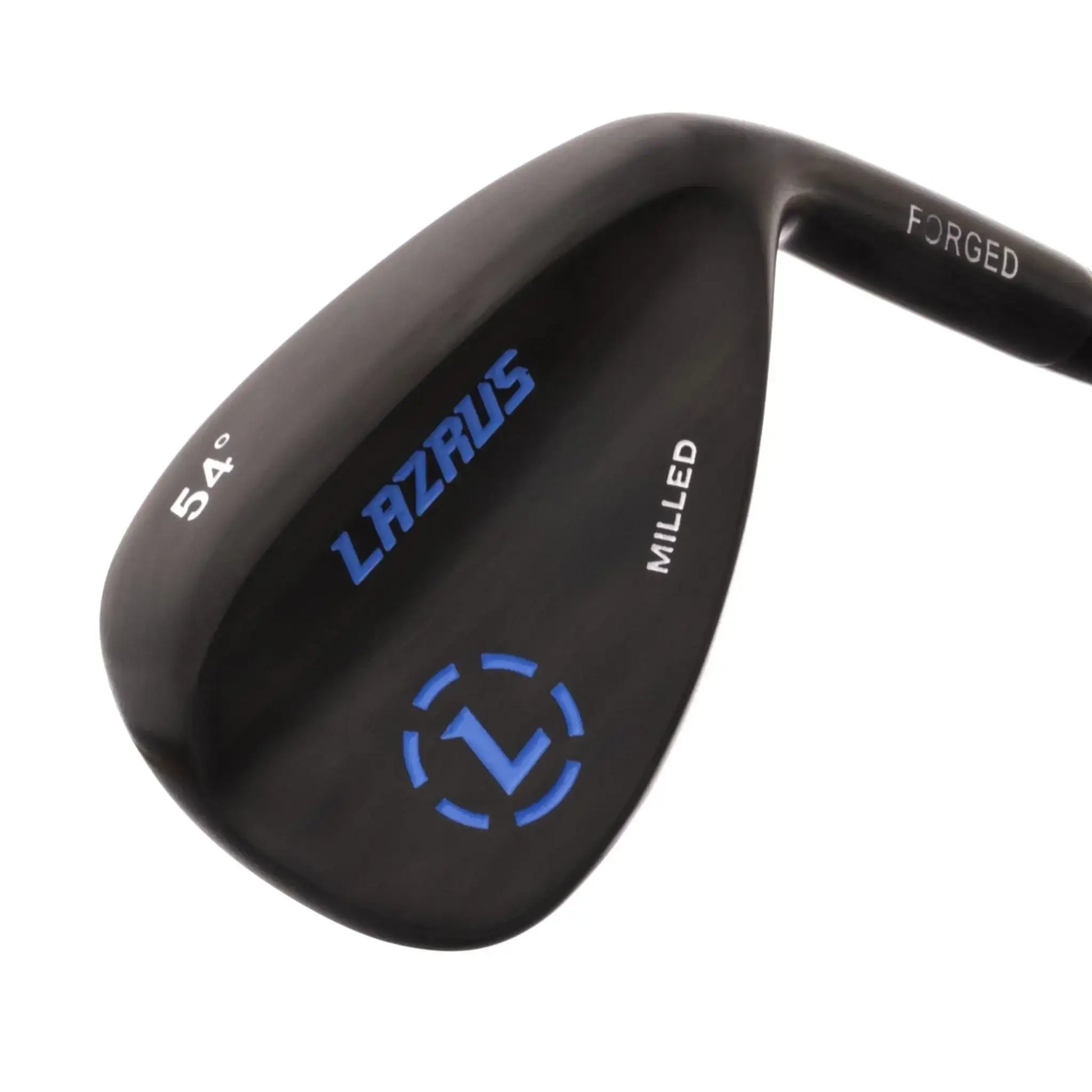 Black Lazrus 54° forged milled golf wedge with blue logo and right-hand design