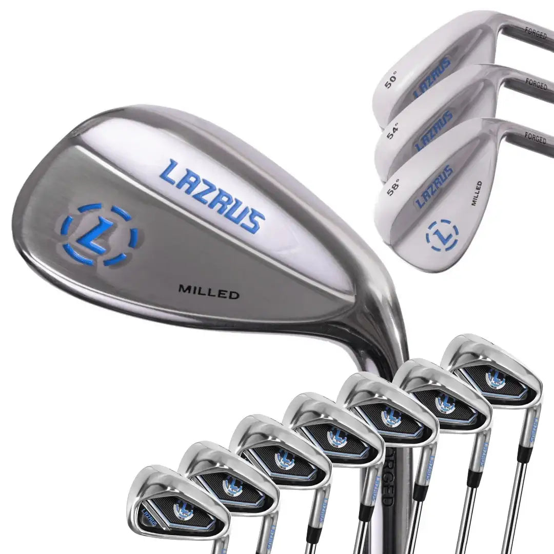 Lazrus milled forged golf wedges set with lofts 50°, 54°, and 58°, and matching irons with blue accents