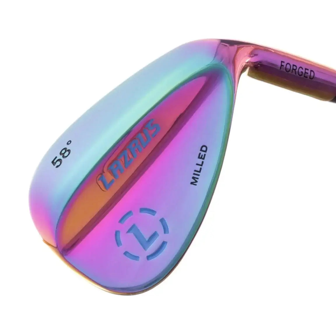 Iridescent Lazrus 58° forged milled golf wedge with colorful finish and branding