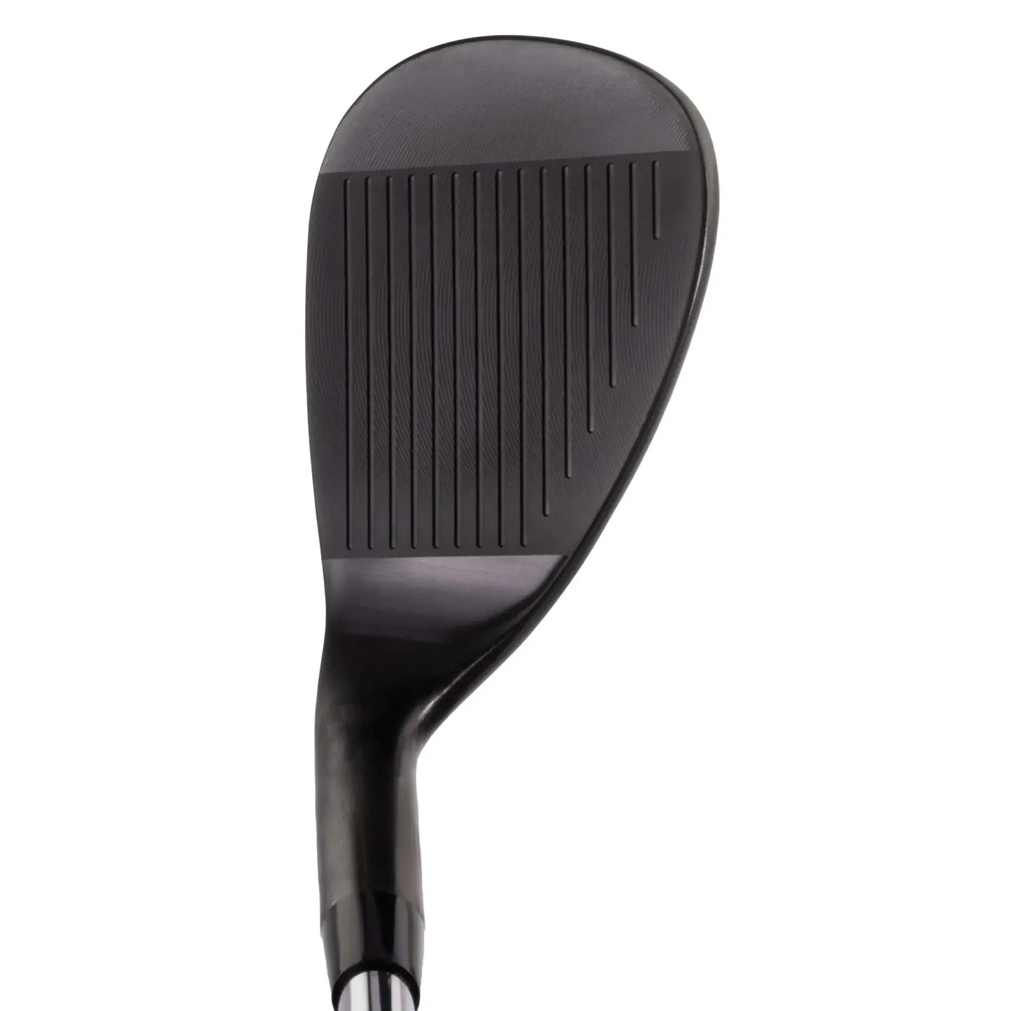 Close-up of black forged golf wedge clubface with grooves and hosel on white background