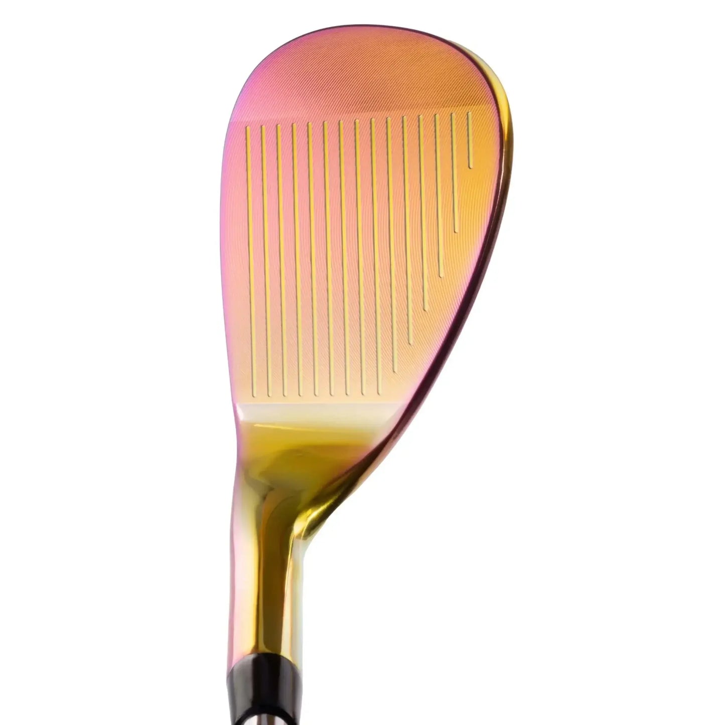 Close-up of a forged golf wedge club face with a gold and pink iridescent finish and grooves