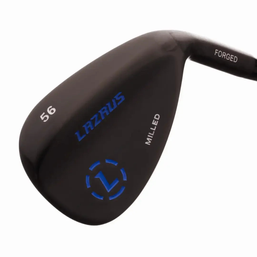 Black Lazrus 56-degree milled forged golf wedge club with blue logo