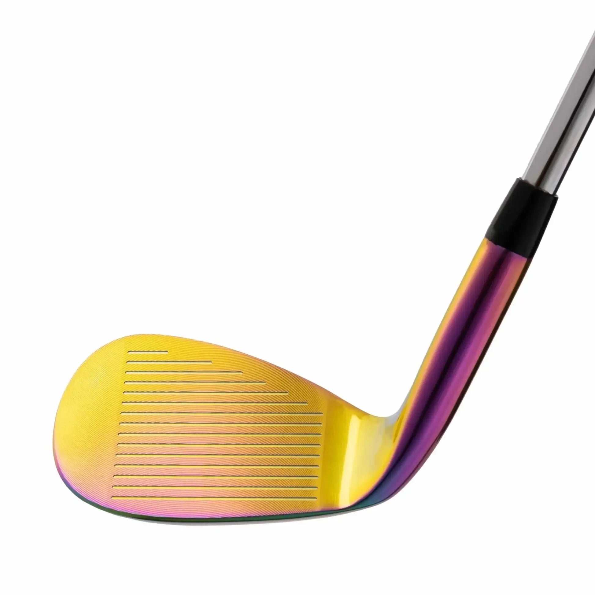 Close-up of a golf wedge club face and hosel with yellow and purple iridescent finish on white background