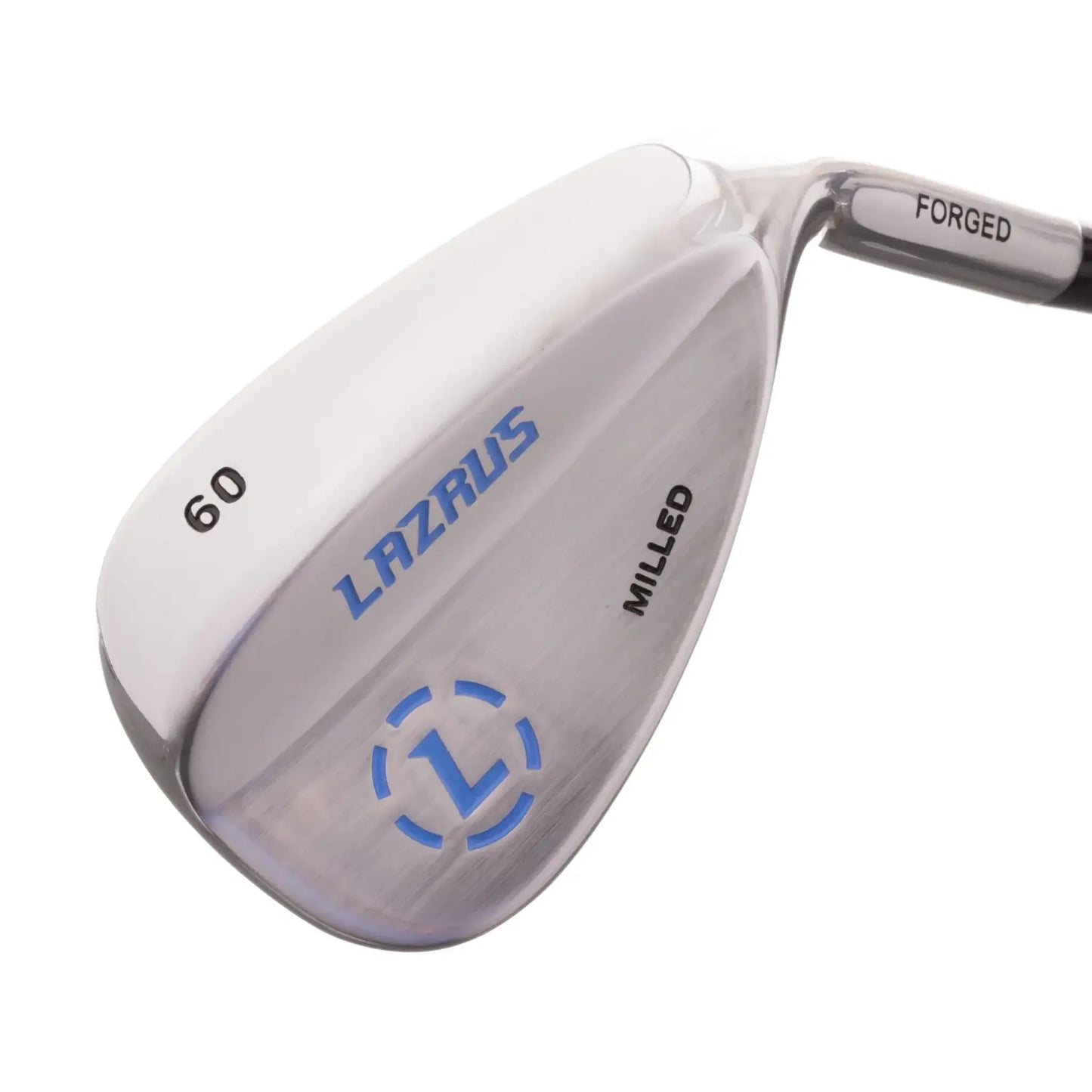 Close-up of Lazrus forged golf wedge with milled face and 60-degree loft in silver and blue