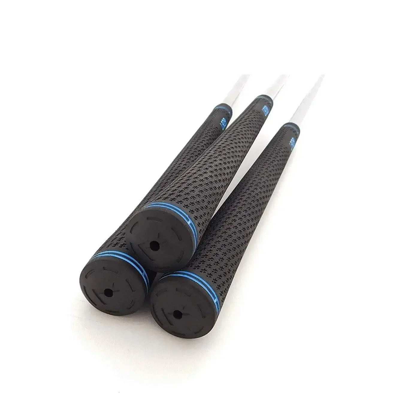 Three golf wedges with black textured grips and blue accents on white background