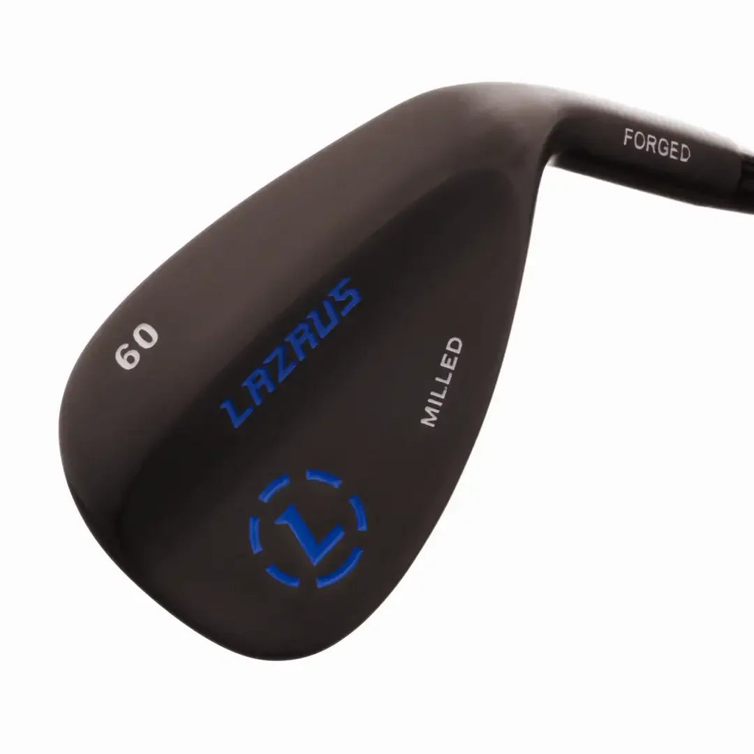 Black forged golf wedge with 60° loft, branded Lazrus, milled finish, blue accents