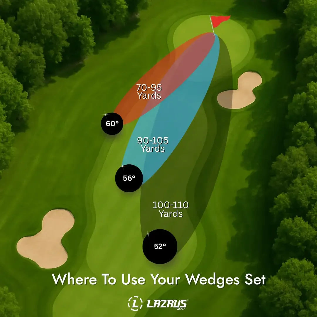Golf course overhead showing wedge shot distances for 52°, 56°, and 60° wedges with shot yardage ranges