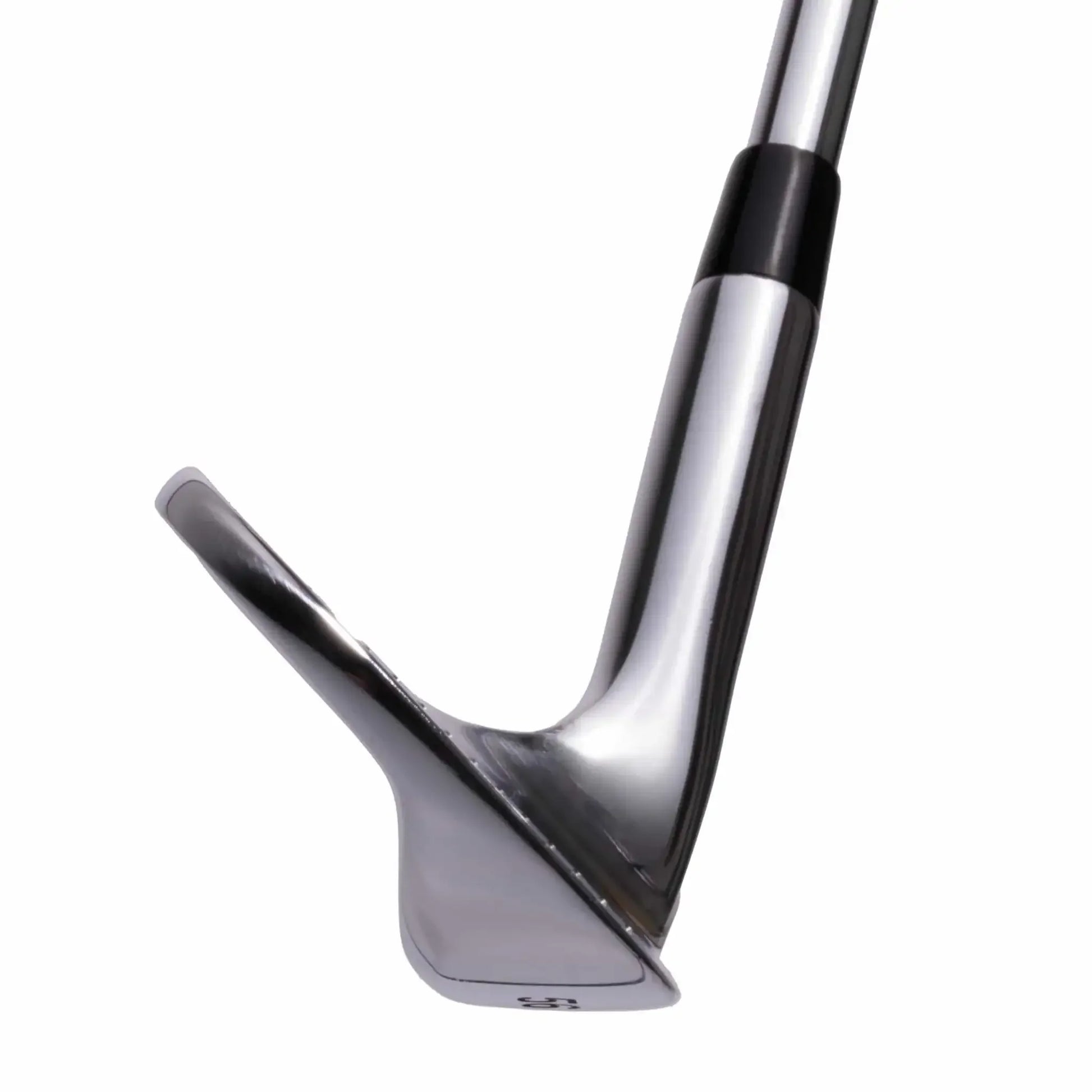 Close-up of a shiny forged golf wedge club head with steel shaft and black ferrule