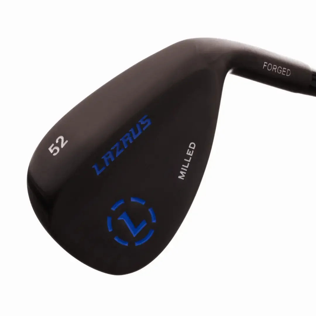 Black forged Lazrus 52-degree milled golf wedge with blue logo and white text