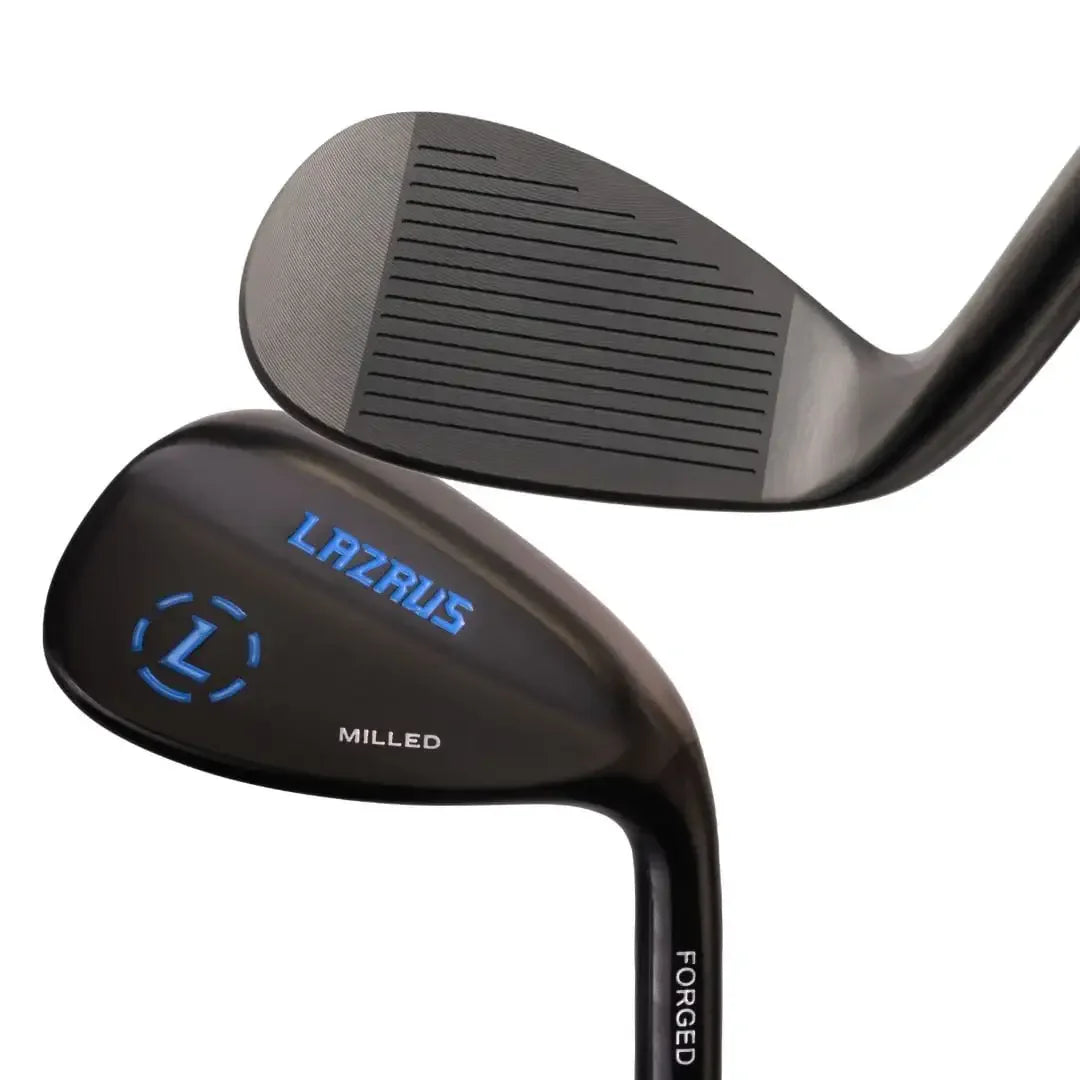 Black forged Lazrus milled golf wedge with blue logo and grooved clubface close-up