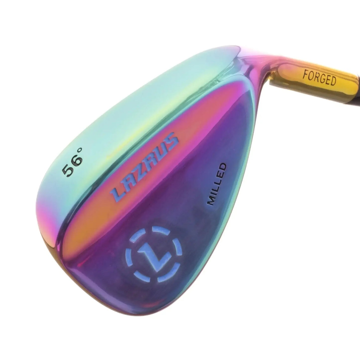 Iridescent Lazrus 56° forged milled golf wedge club head with purple and gold tones
