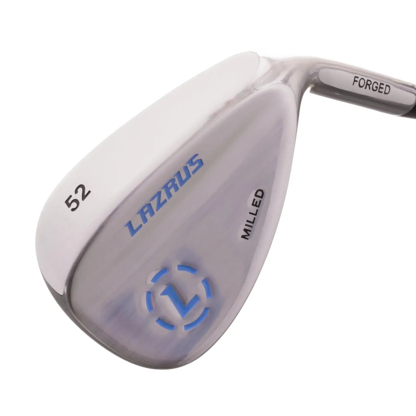 Close-up of Lazrus 52-degree forged milled golf wedge with blue logo and shiny silver finish