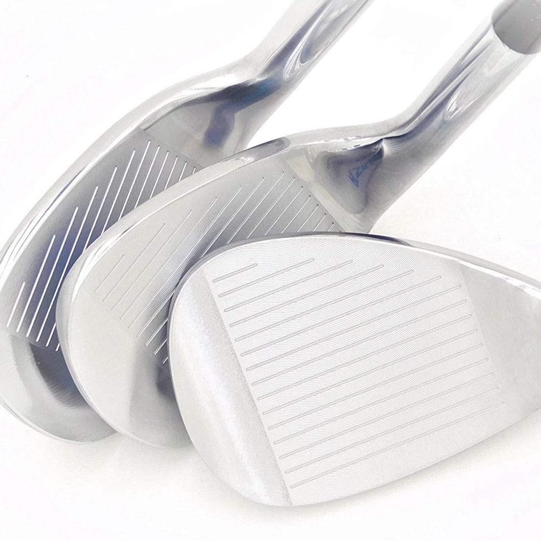 Close-up of three shiny forged golf wedges with grooves on club faces on white background