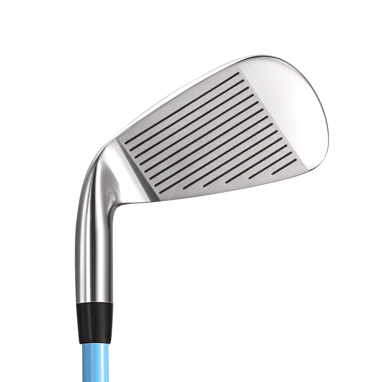 Close-up of a silver golf iron club head with black grooves and blue shaft on white background