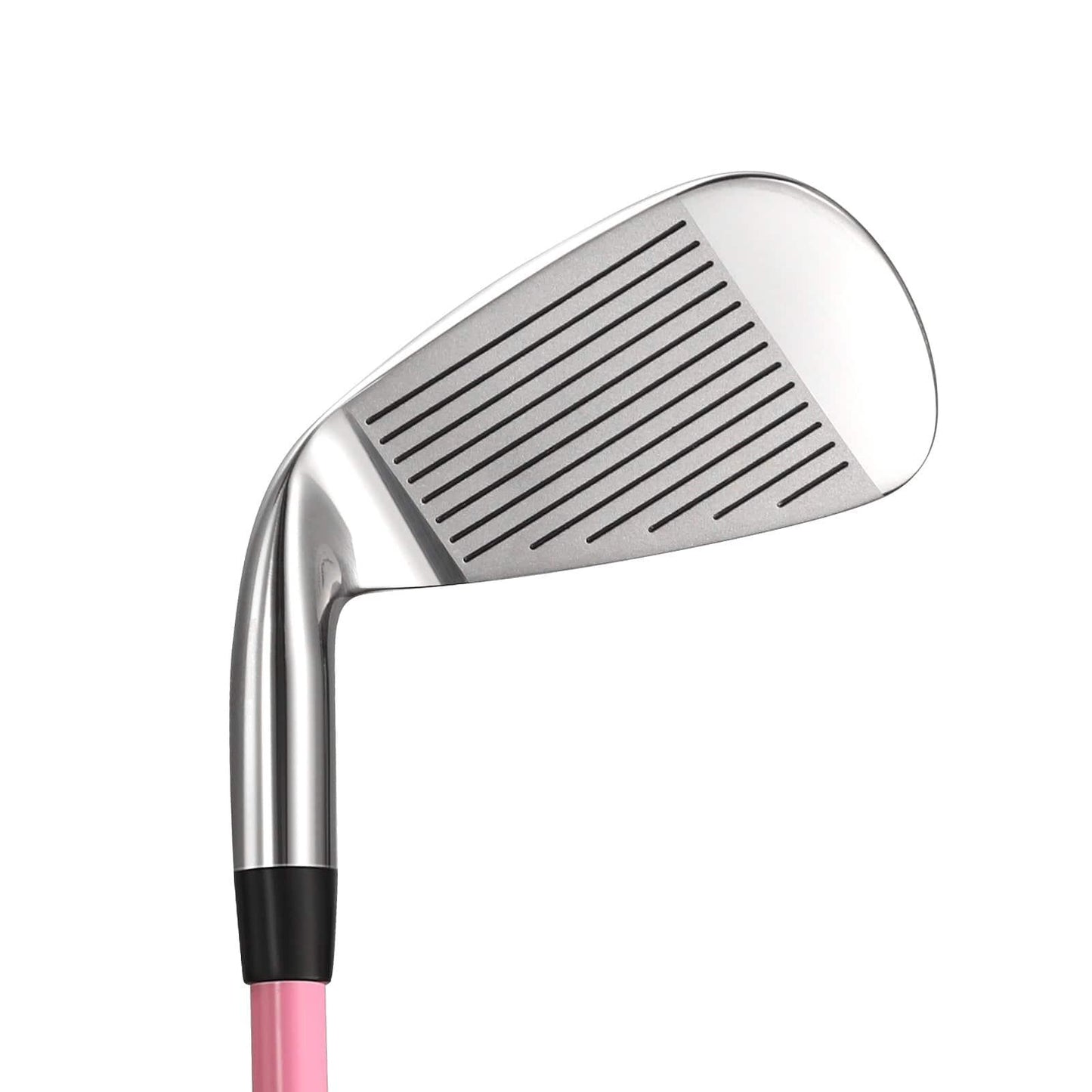 Close-up of a right-hand junior golf club iron with a pink shaft on a white background