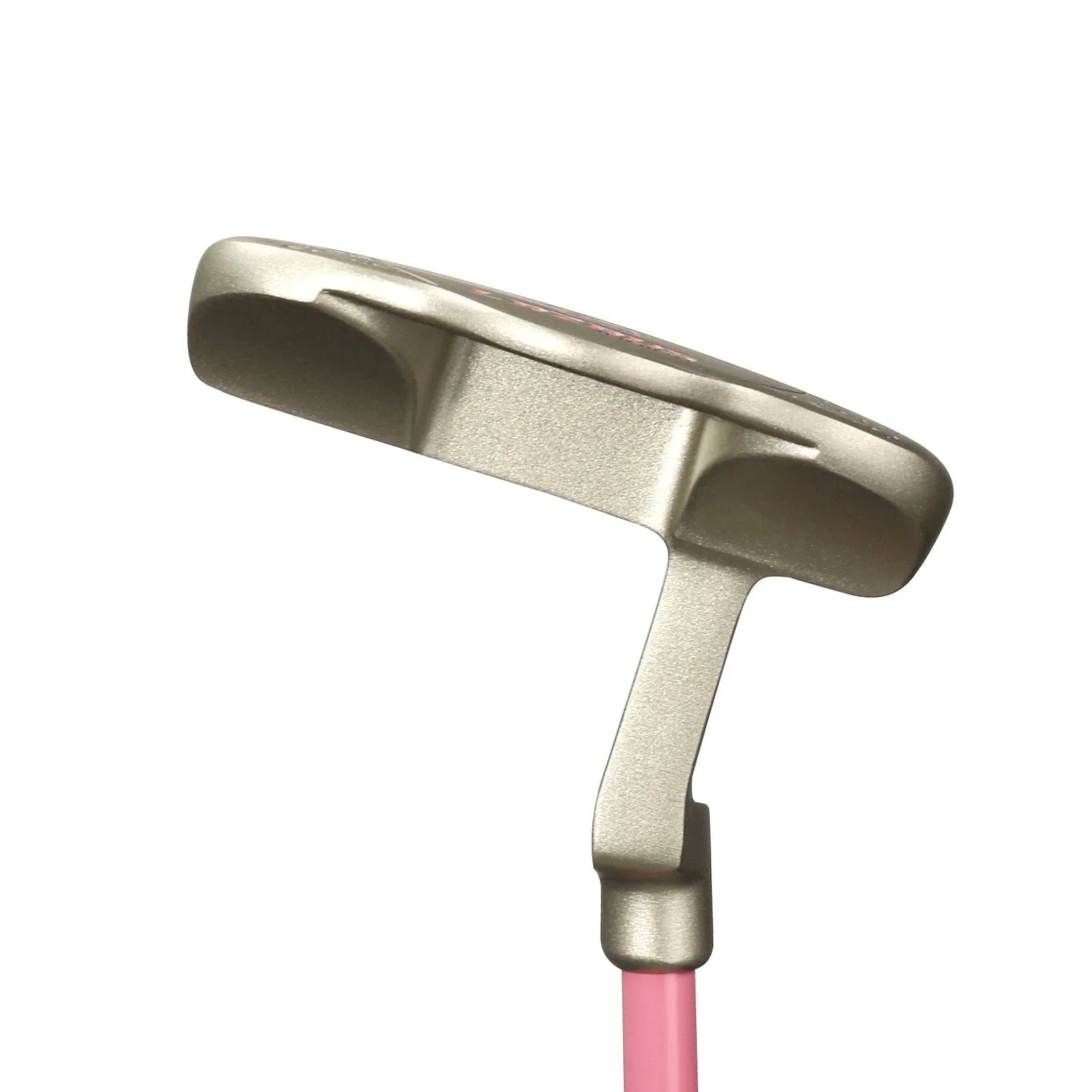 Close-up of silver golf putter head with pink shaft for junior players