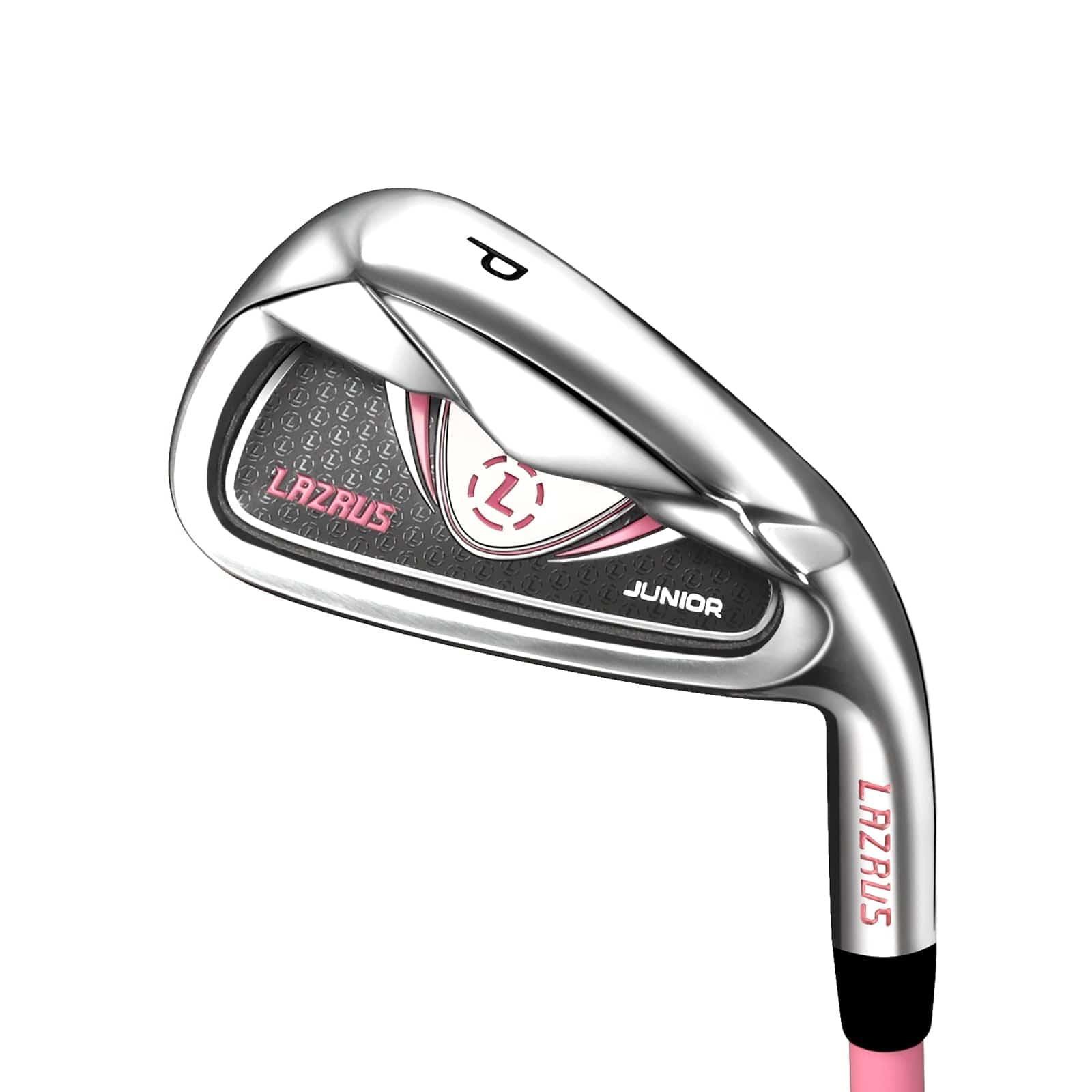 Silver Lazrus junior golf iron club with black and pink details, right or left hand