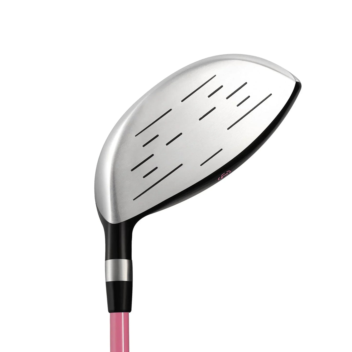 Close-up of silver golf club head with black accents and pink shaft for juniors