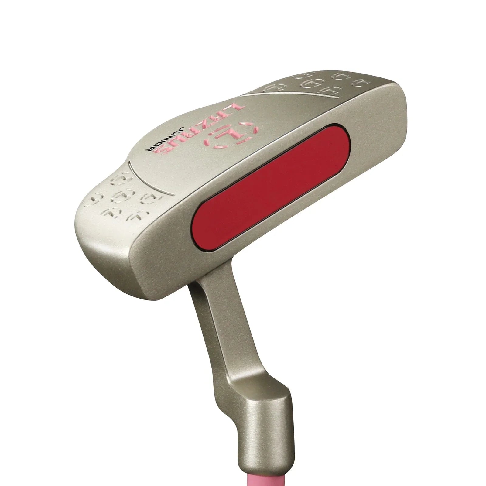 Silver Lazrus junior golf putter with red face insert and pink shaft for kids