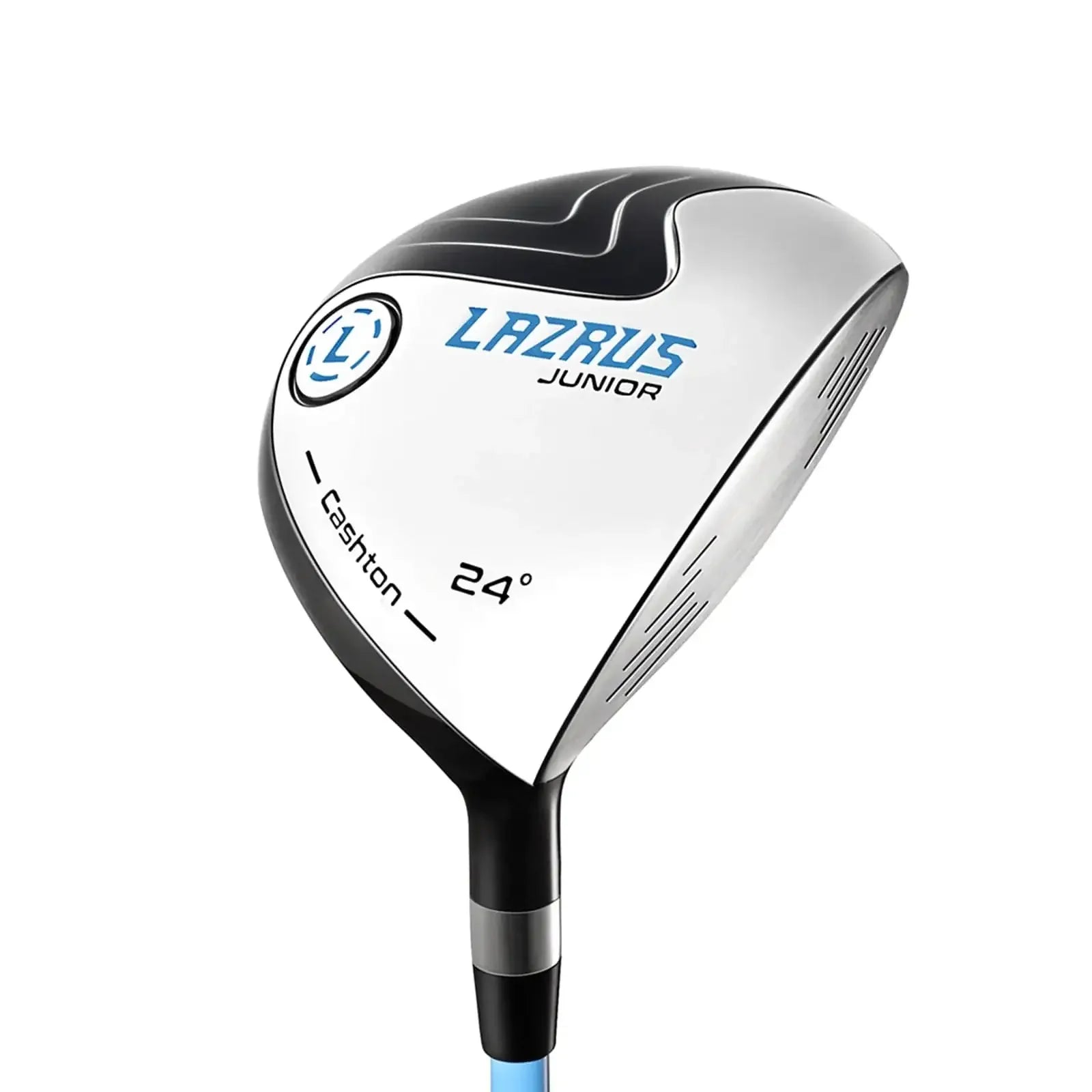 Lazrus Junior golf club driver head with 24-degree loft, black and silver design, blue shaft