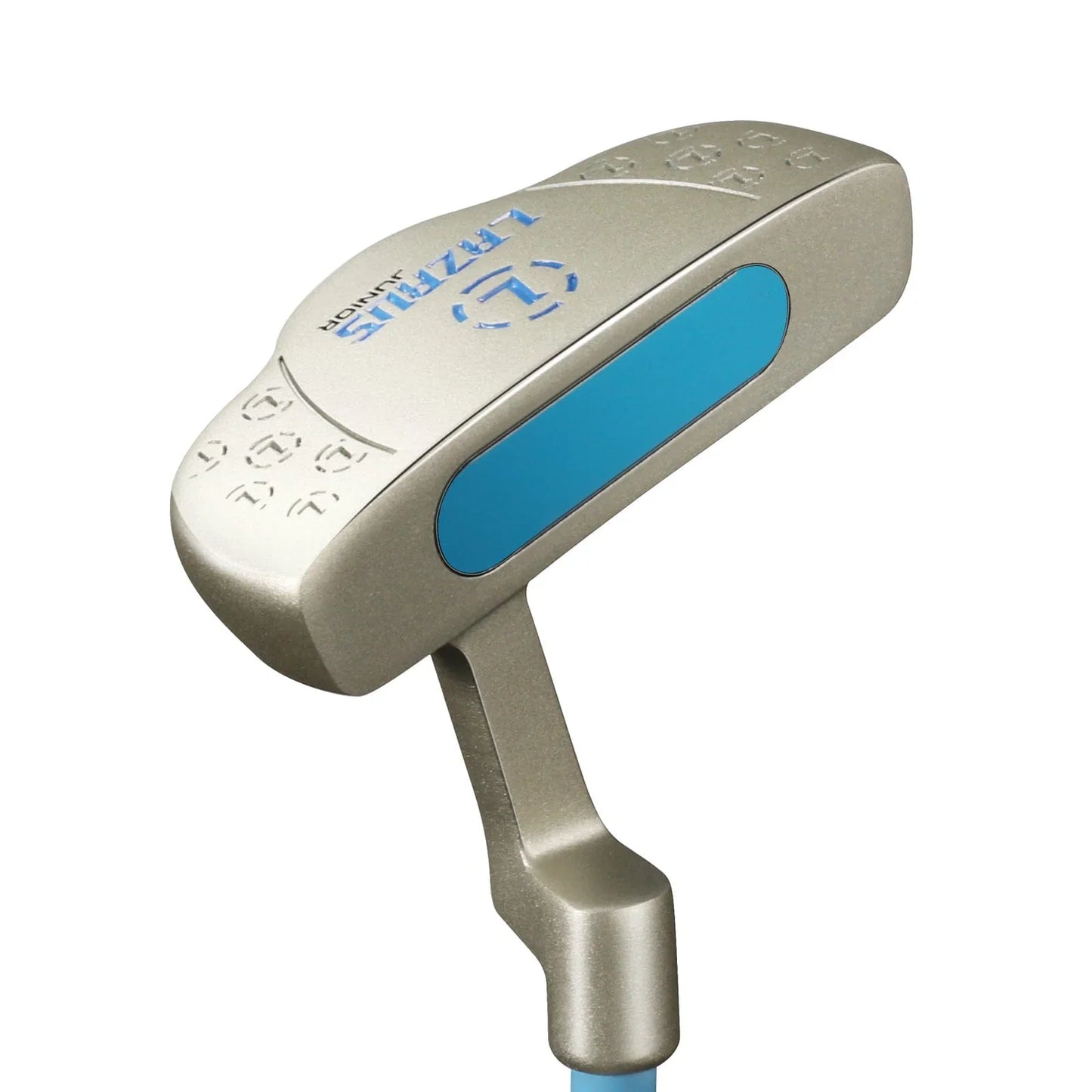 Silver Lazrus Juniors golf putter with blue insert and shaft, designed for kids