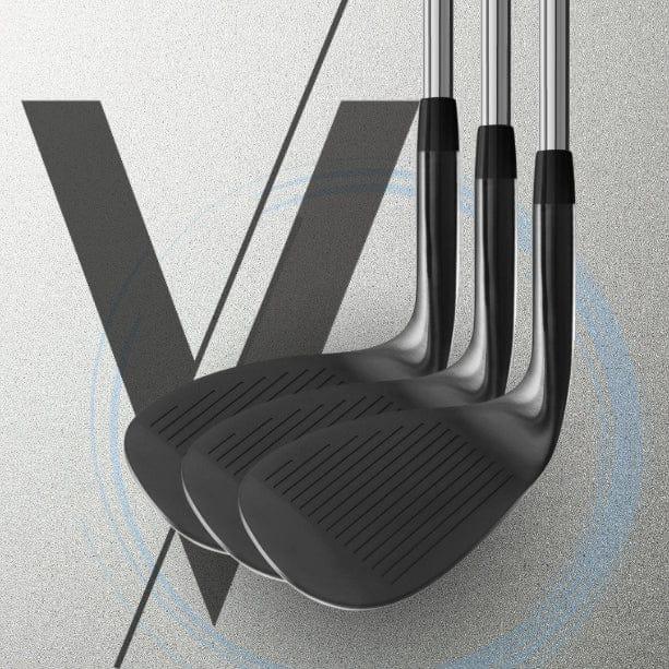 Set of three black golf wedges with milled faces against gray background featuring large V and circular design